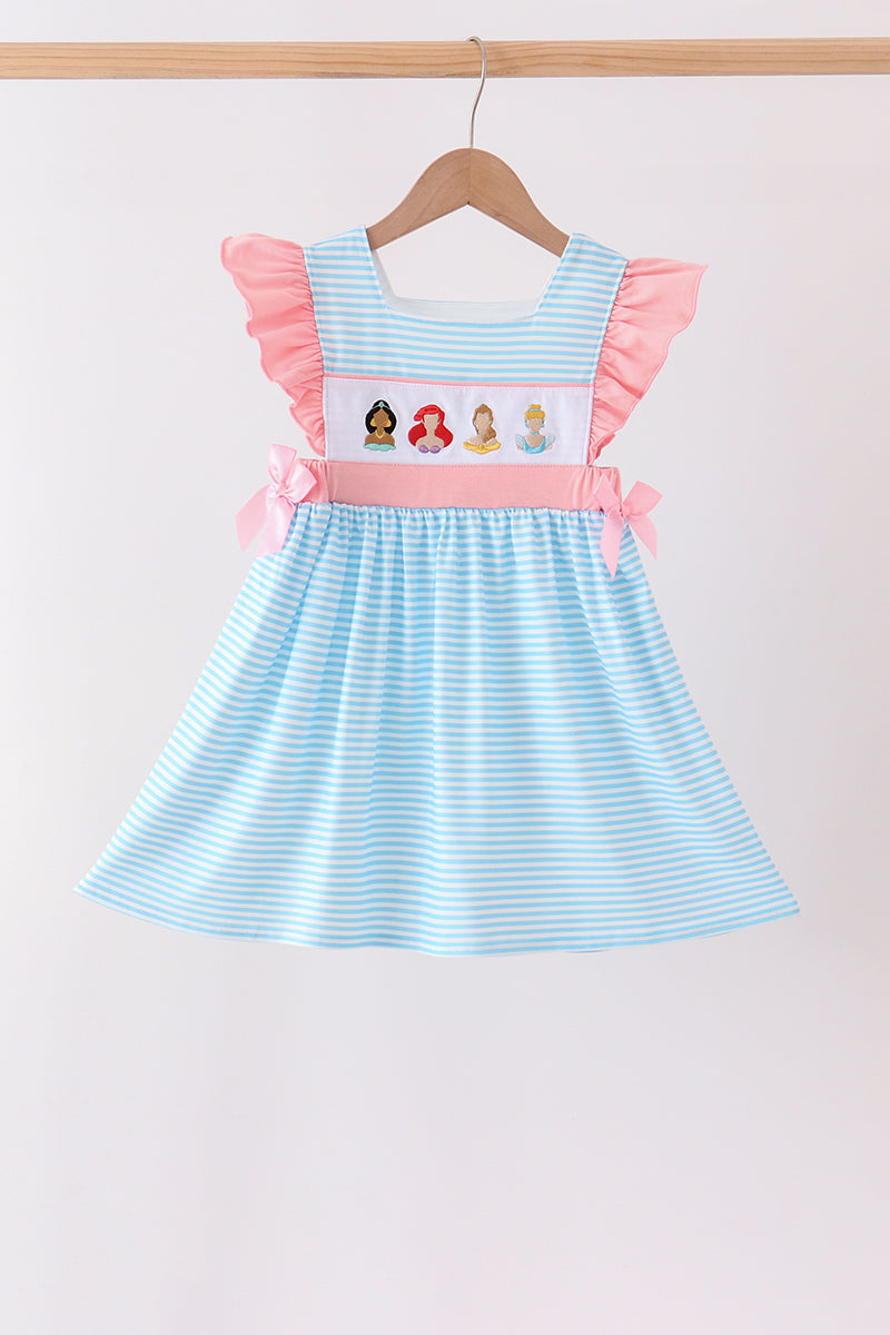 Blue Stripe Princess Embroidery Ruffle Dress - ARIA KIDS