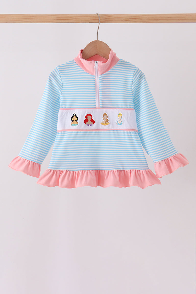 Blue Stripe Princess Embroidery Ruffle Pullover - ARIA KIDS