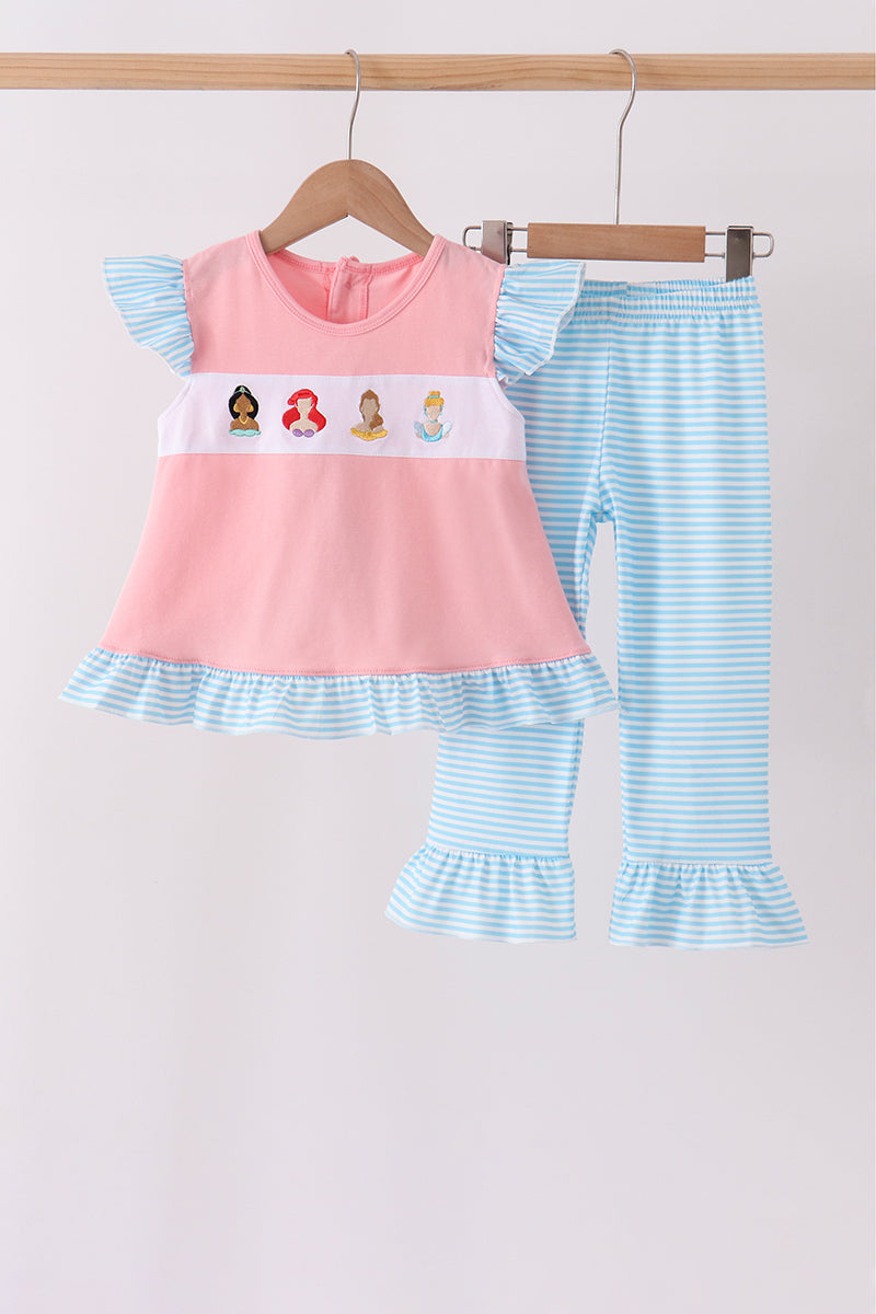 Pink Princess Embroidery Stripe Ruffle Pants Set - ARIA KIDS