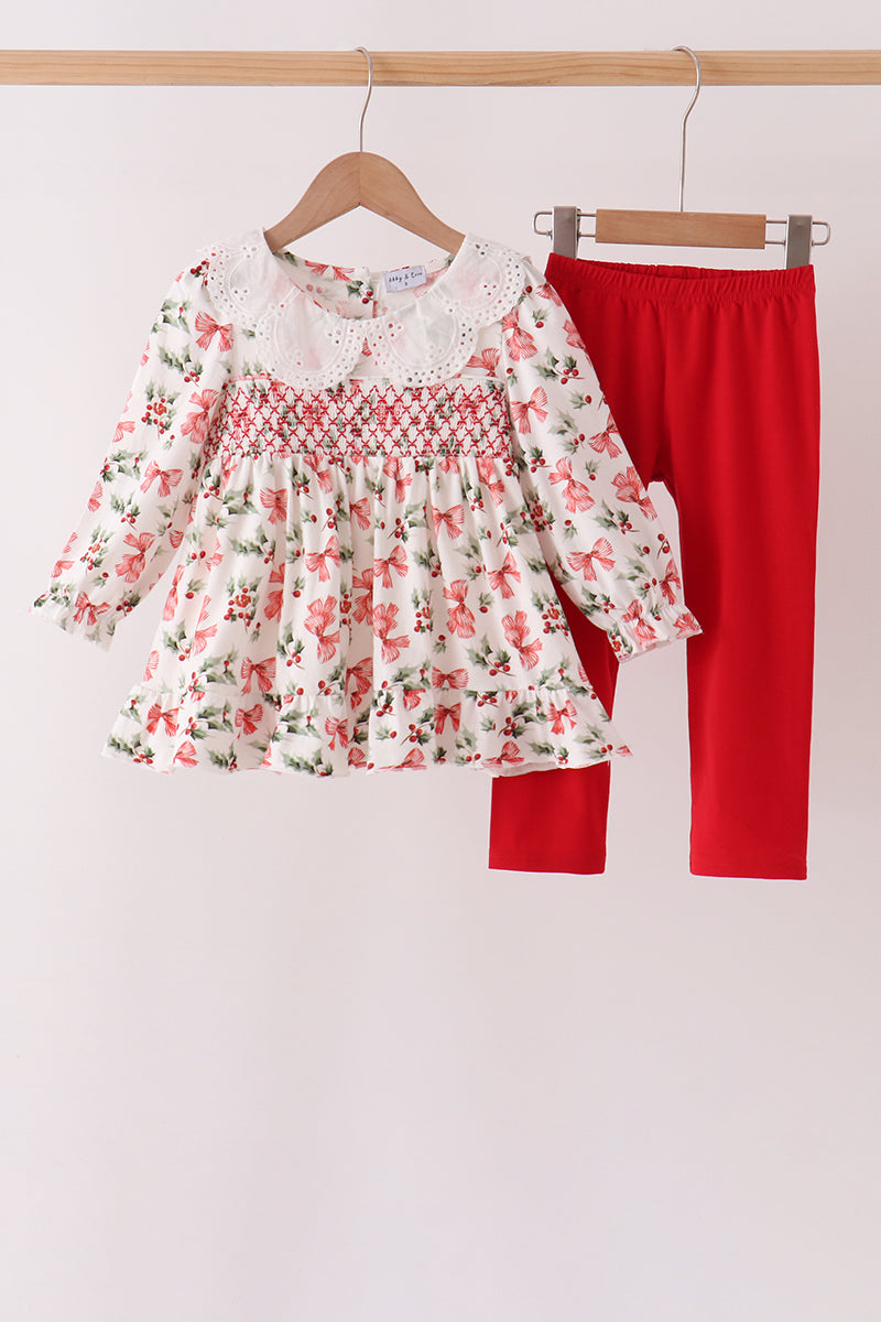 Red Holly Bow Smocked Lace Ruffle Pants Set