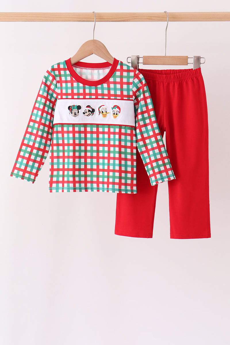 Red Character Embroidery Gingham Pants Set - ARIA KIDS