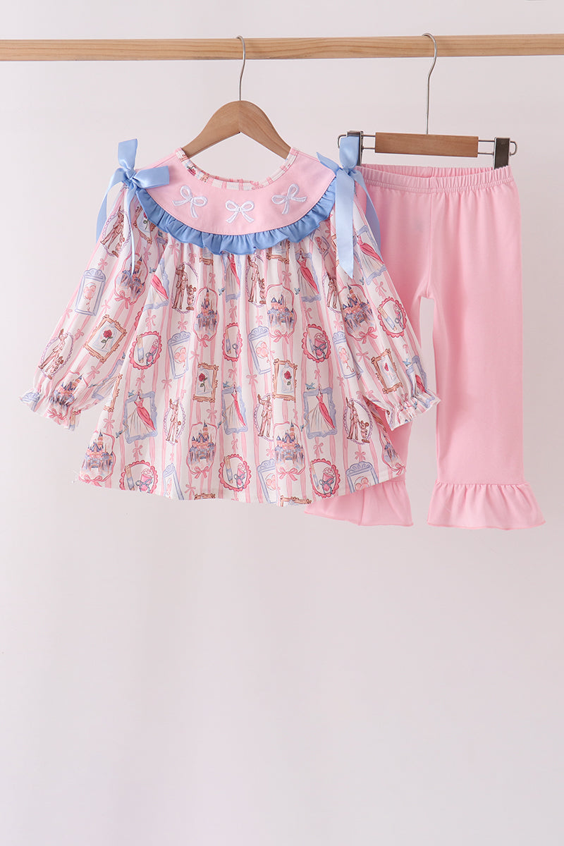 Pink Character Bow Embroidery Ruffle Pants Set - ARIA KIDS