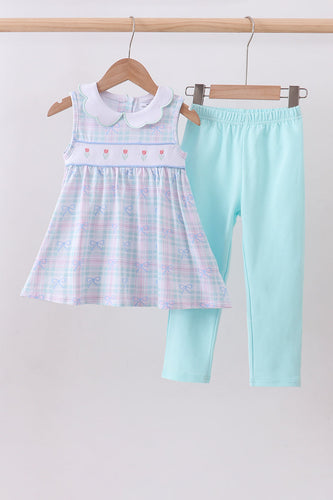 Blue plaid bow floral pants set - ARIA KIDS