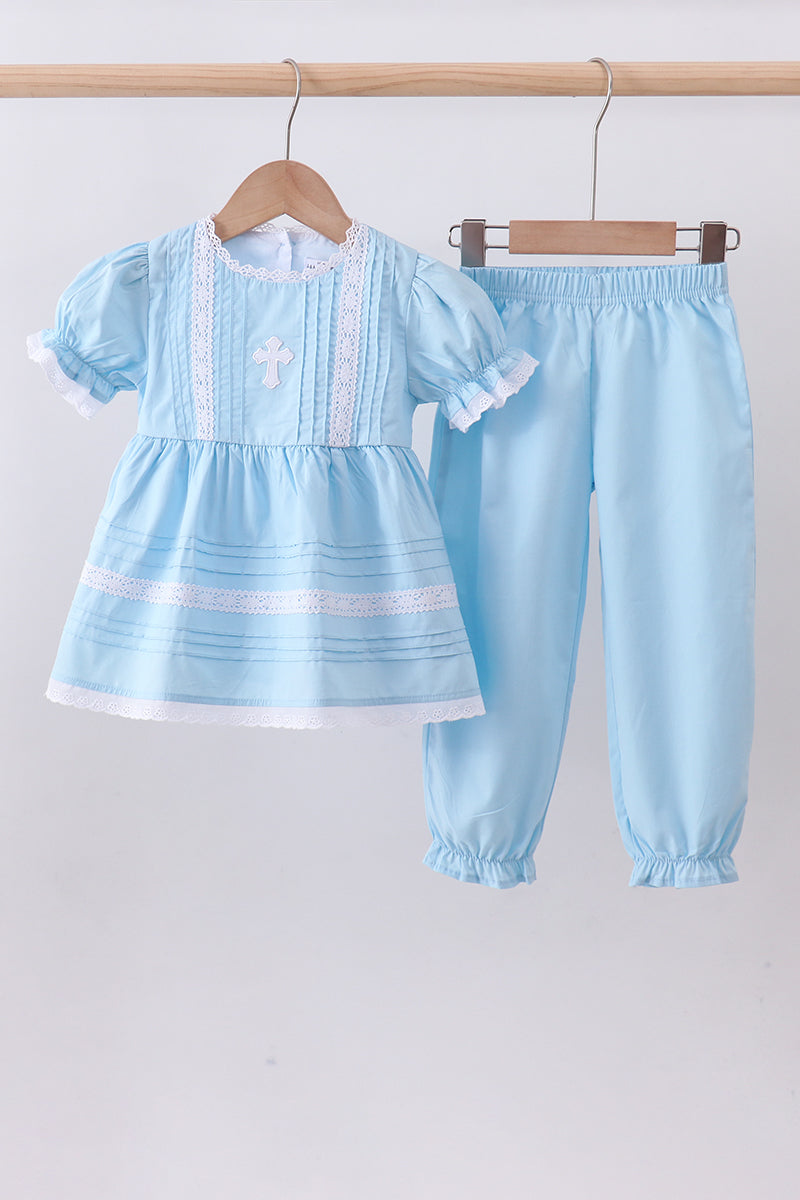 Blue cross embroidery lace pants set - ARIA KIDS