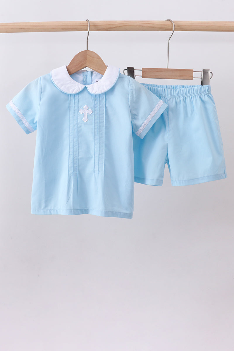 Blue cross embroidery shorts set - ARIA KIDS