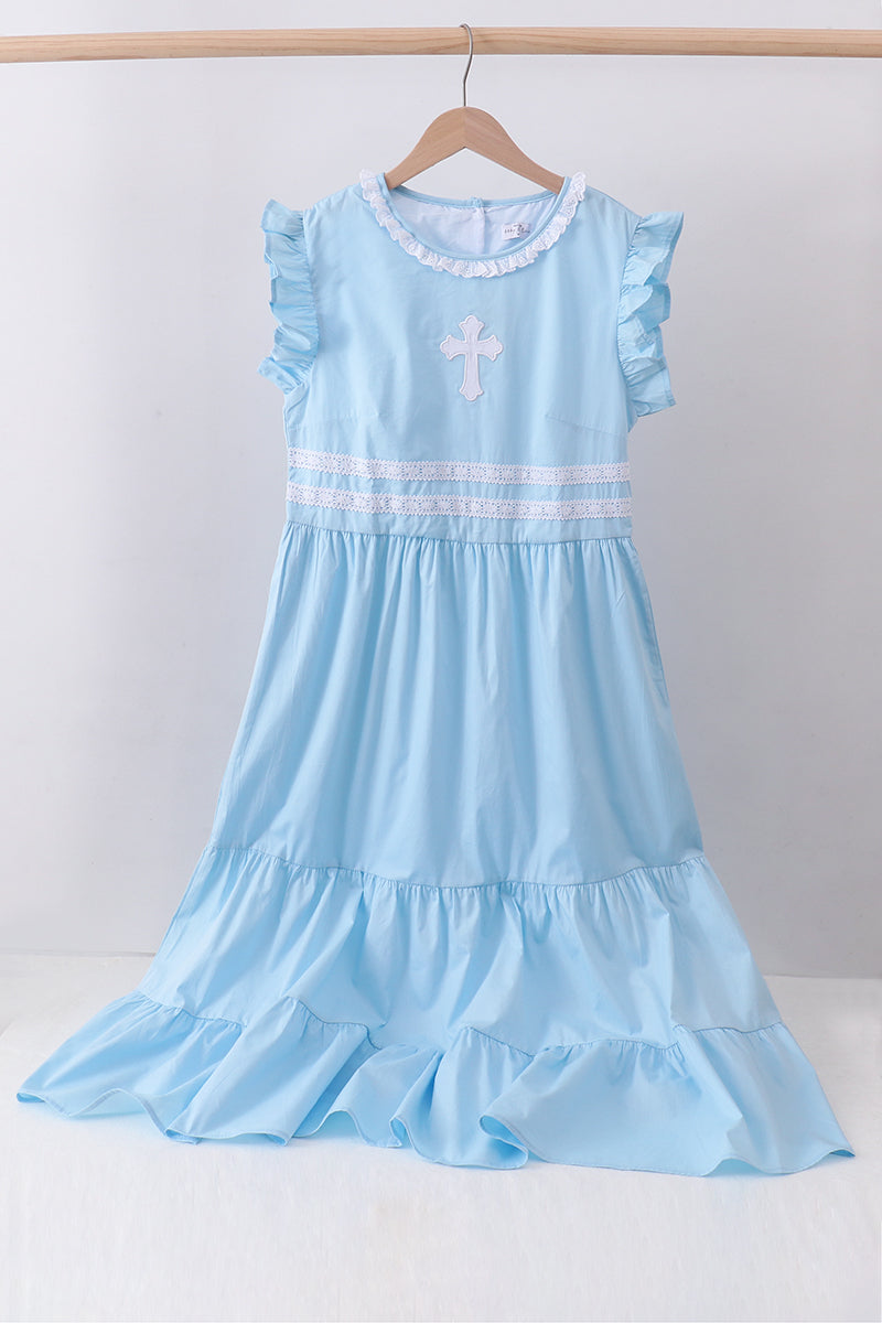 Blue cross embroidery ruffle tiered dress - ARIA KIDS