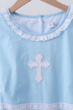 Blue cross embroidery ruffle tiered dress - ARIA KIDS