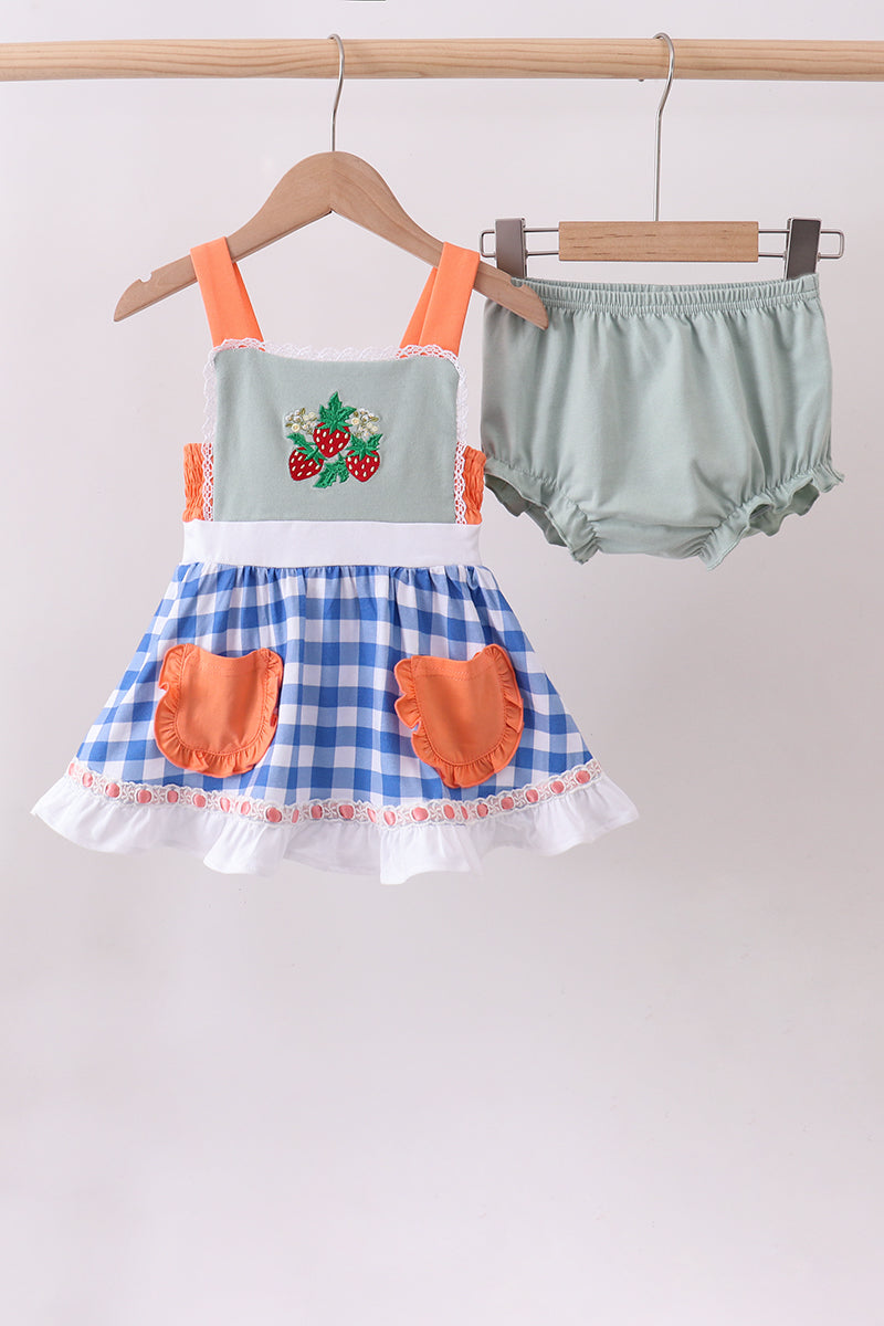 Sage strawberry embroidery ruffle gingham bloomer set - ARIA KIDS