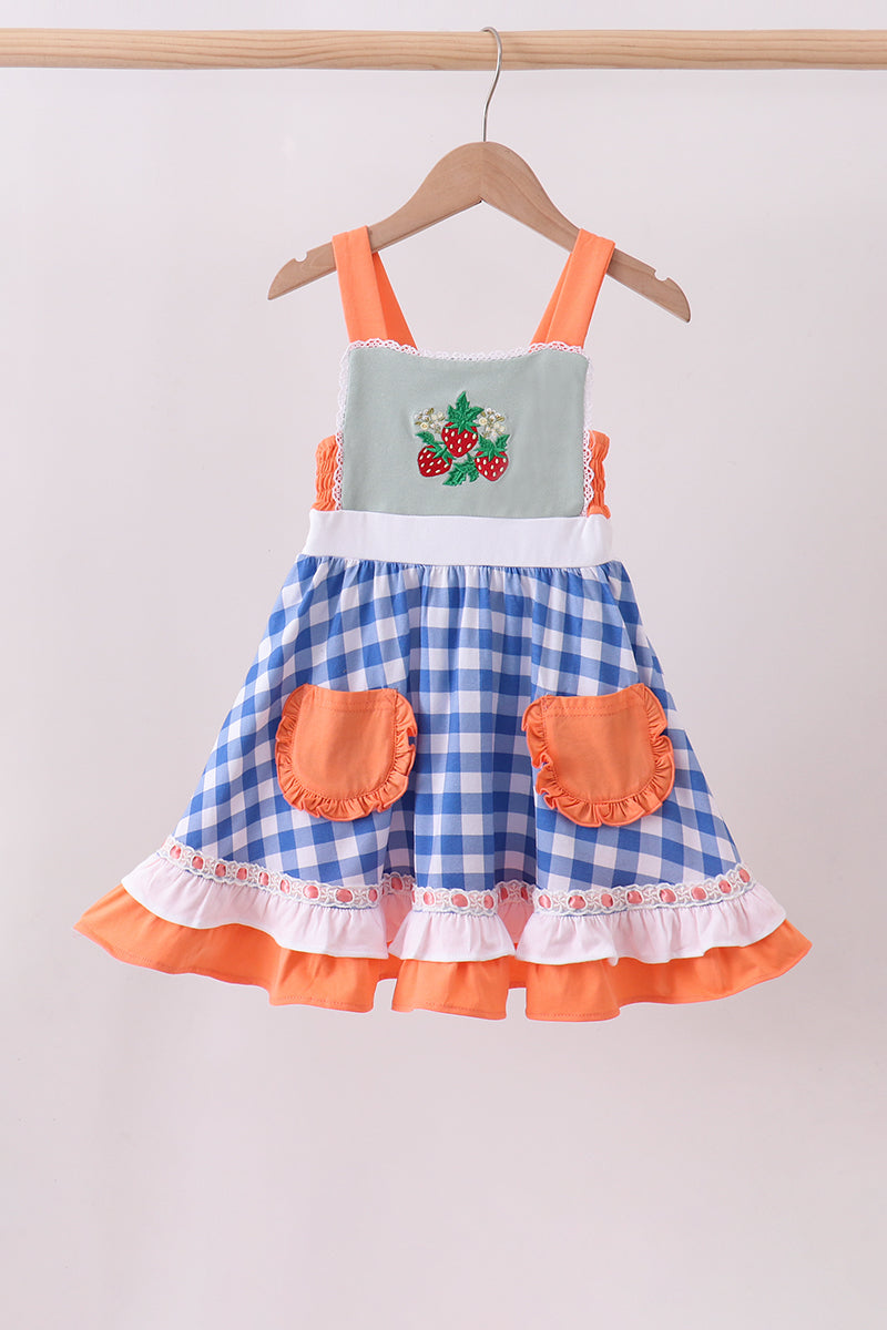 Sage strawberry embroidery ruffle gingham dress - ARIA KIDS