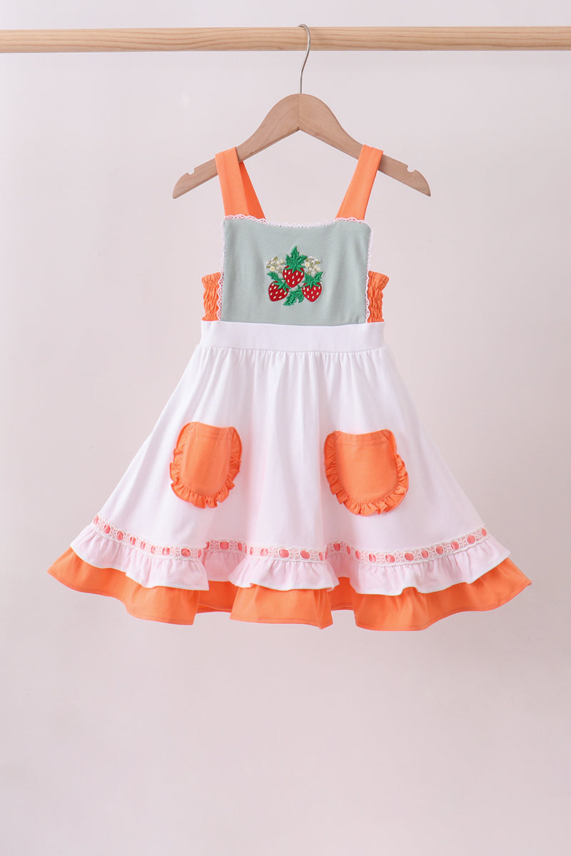 Sage strawberry embroidery ruffle dress - ARIA KIDS