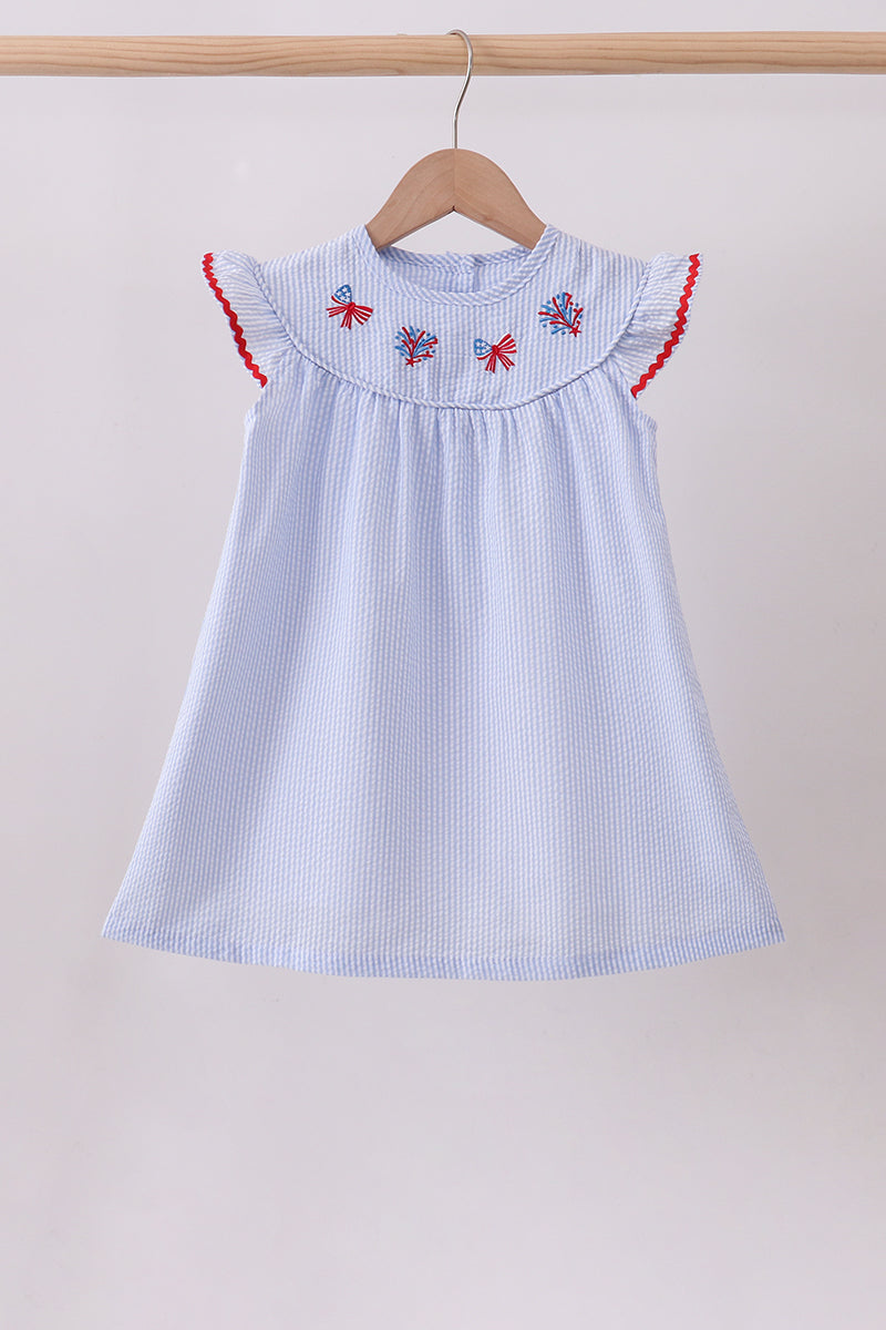 Blue stripe bow fireworks embroidery ruffle dress - ARIA KIDS