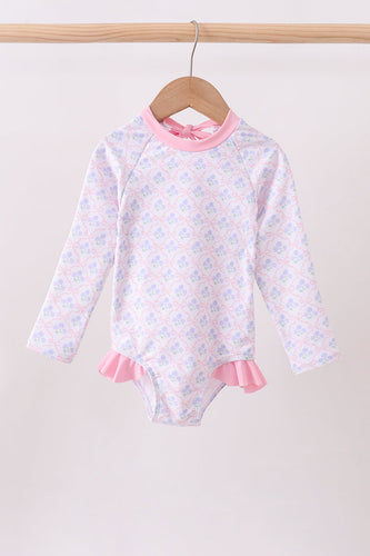 Pink floral print ruffle rashguard - ARIA KIDS