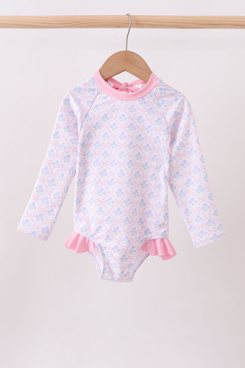 Pink floral print ruffle rashguard - ARIA KIDS