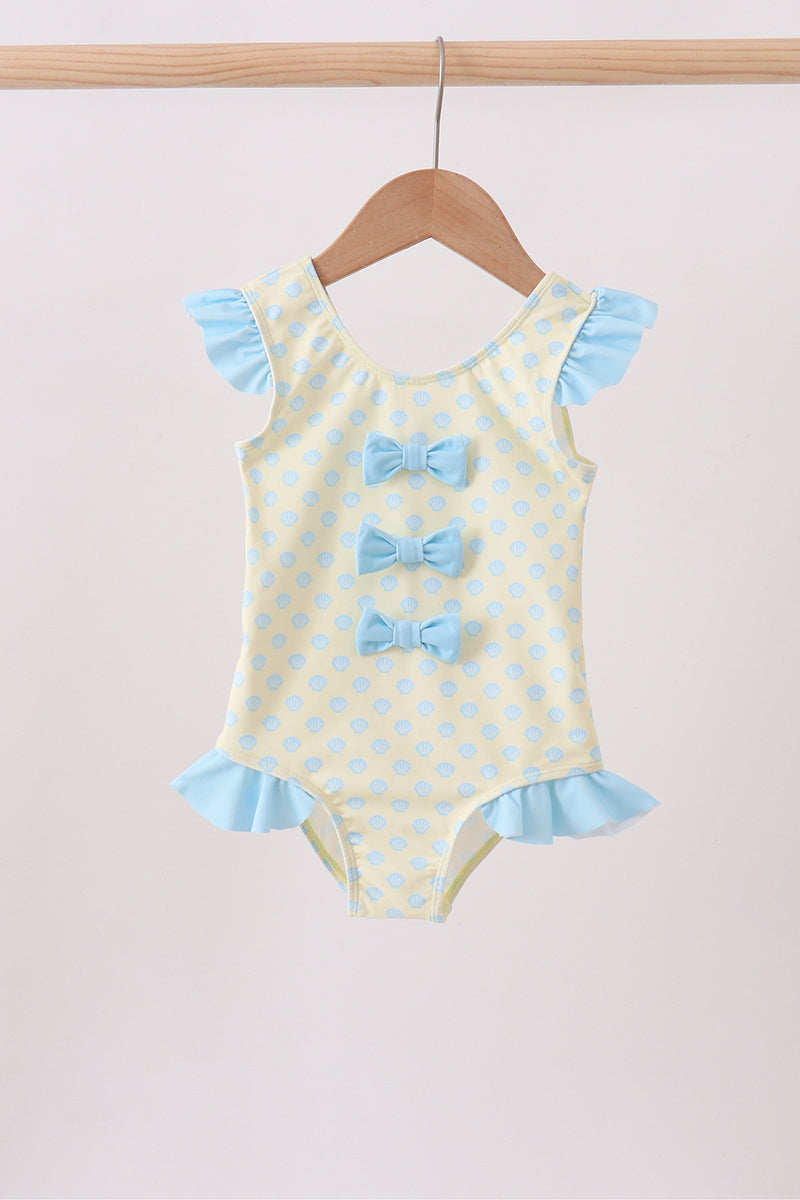 Yellow shell print bow ruffle swimsuit - ARIA KIDS