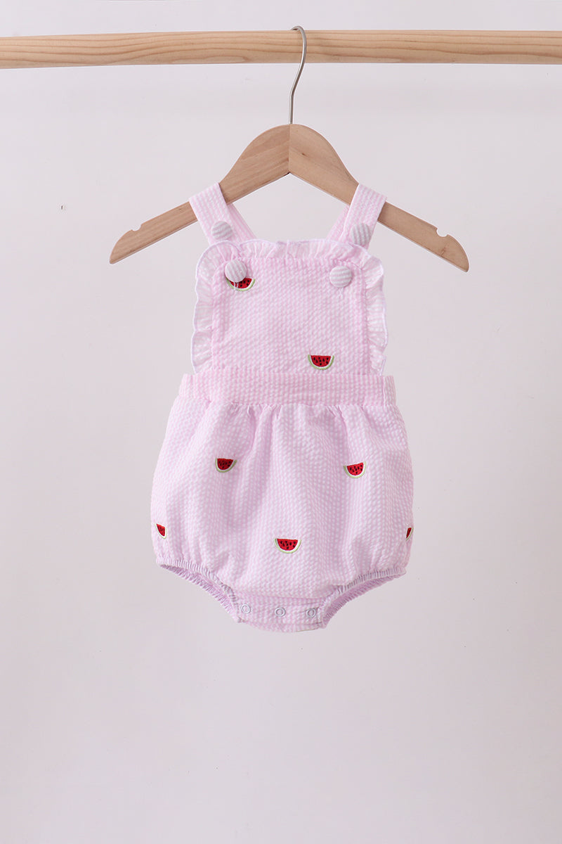 Pink stripe watermelon embroidery seersucker ruffle bubble - ARIA KIDS