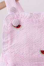 Pink stripe watermelon embroidery seersucker ruffle bubble - ARIA KIDS