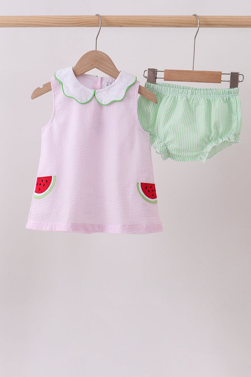 Pink stripe watermelon embroidery seersucker bloomer set - ARIA KIDS