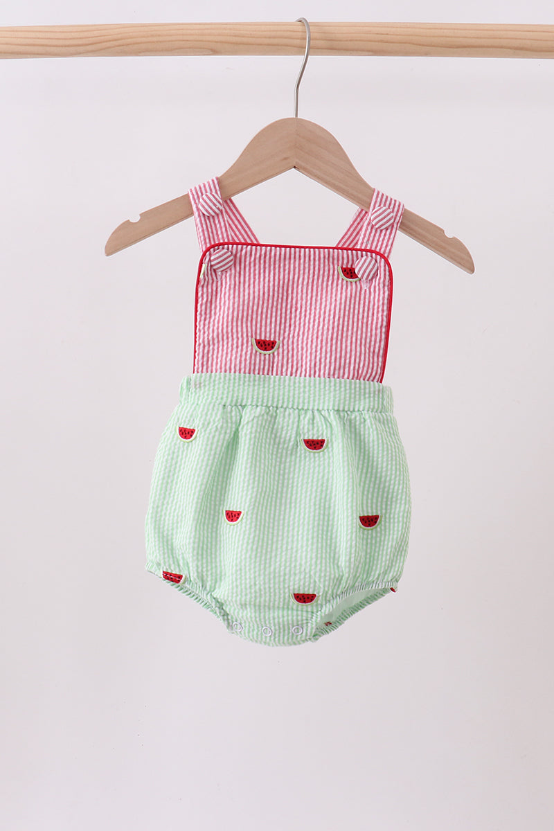 Red stripe watermelon embroidery seersucker bubble - ARIA KIDS