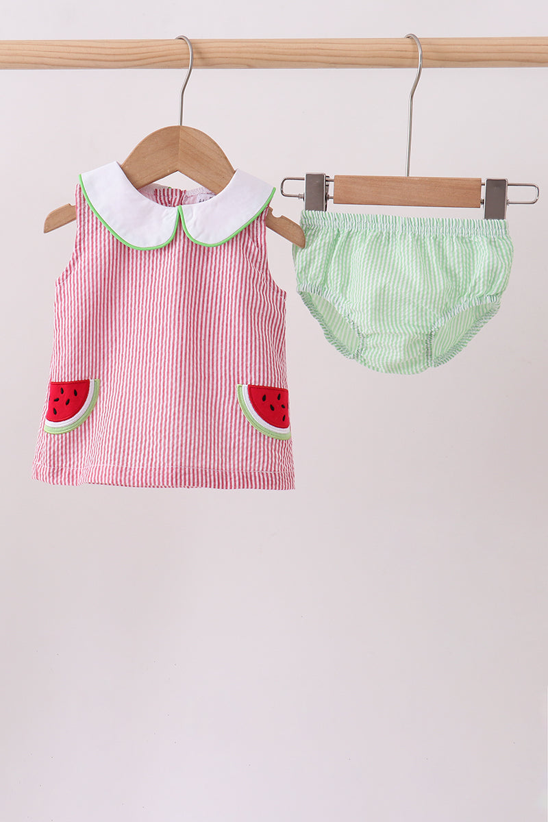 Red stripe watermelon embroidery seersucker bloomer set - ARIA KIDS