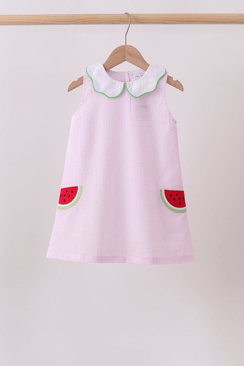 Pink stripe watermelon embroidery seersucker dress - ARIA KIDS