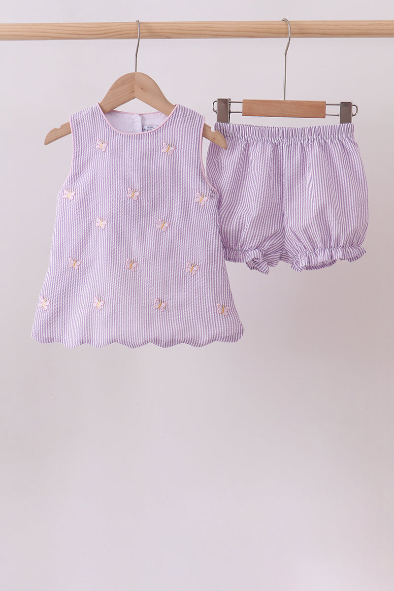 Purple seersucker butterfly embroidery shorts set - ARIA KIDS