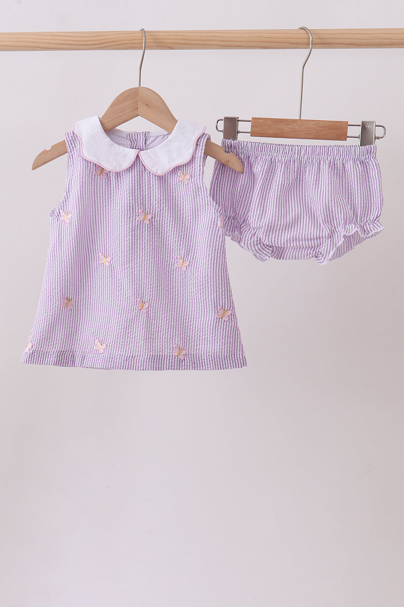Purple seersucker butterfly embroidery bloomer set - ARIA KIDS