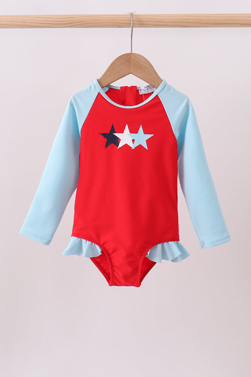 Red star embroidery ruffle rashguard - ARIA KIDS