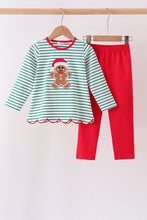 Green stripe gingerbread embroidery scalloped pants set