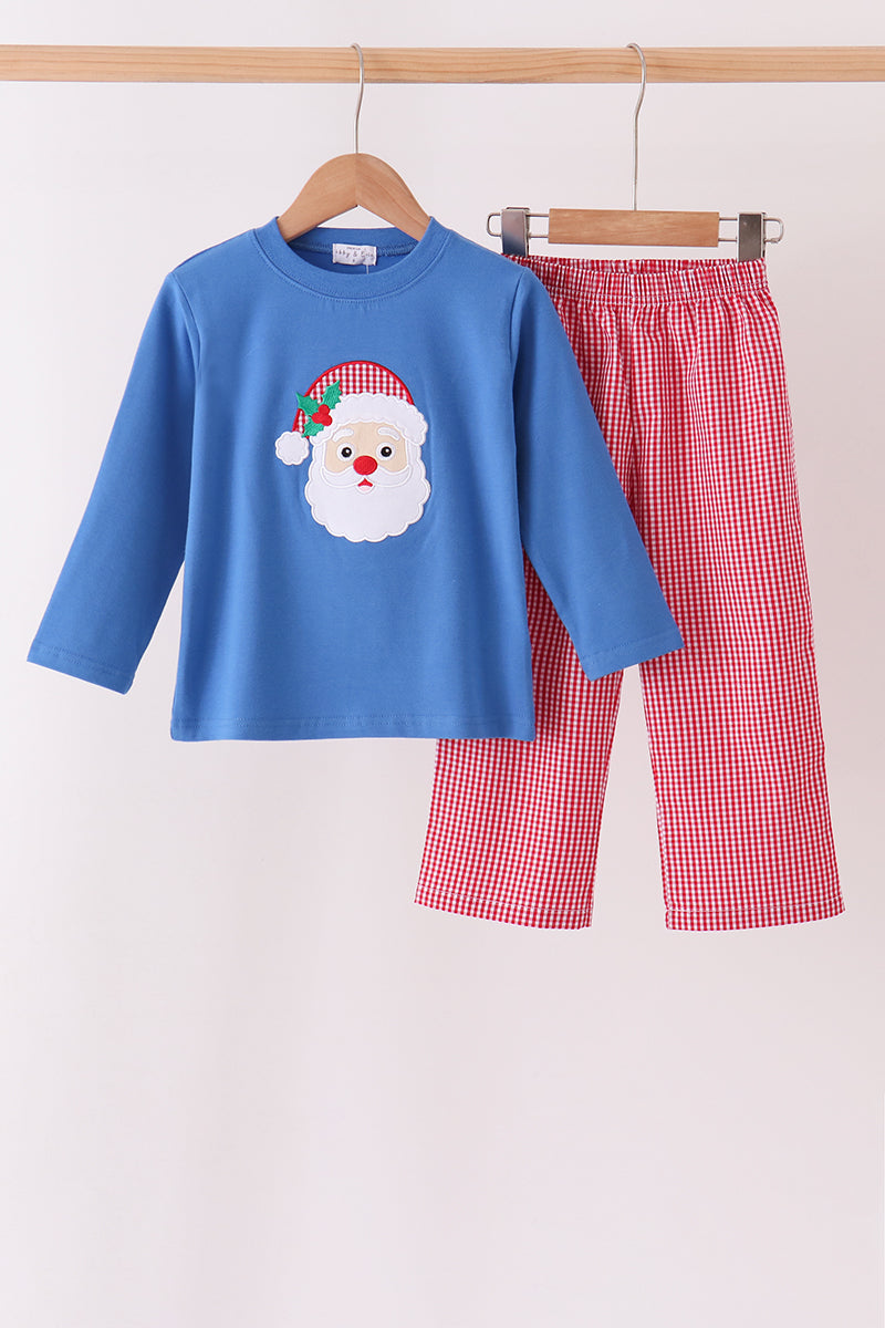 Blue santa embroidery gingham pants set - ARIA KIDS