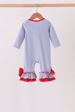 Blue christmas tree puppy embroidery stripe ruffle romper
