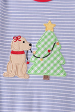 Blue christmas tree puppy embroidery stripe ruffle romper