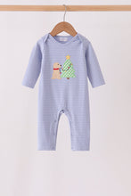Blue christmas tree puppy embroidery stripe romper - ARIA KIDS