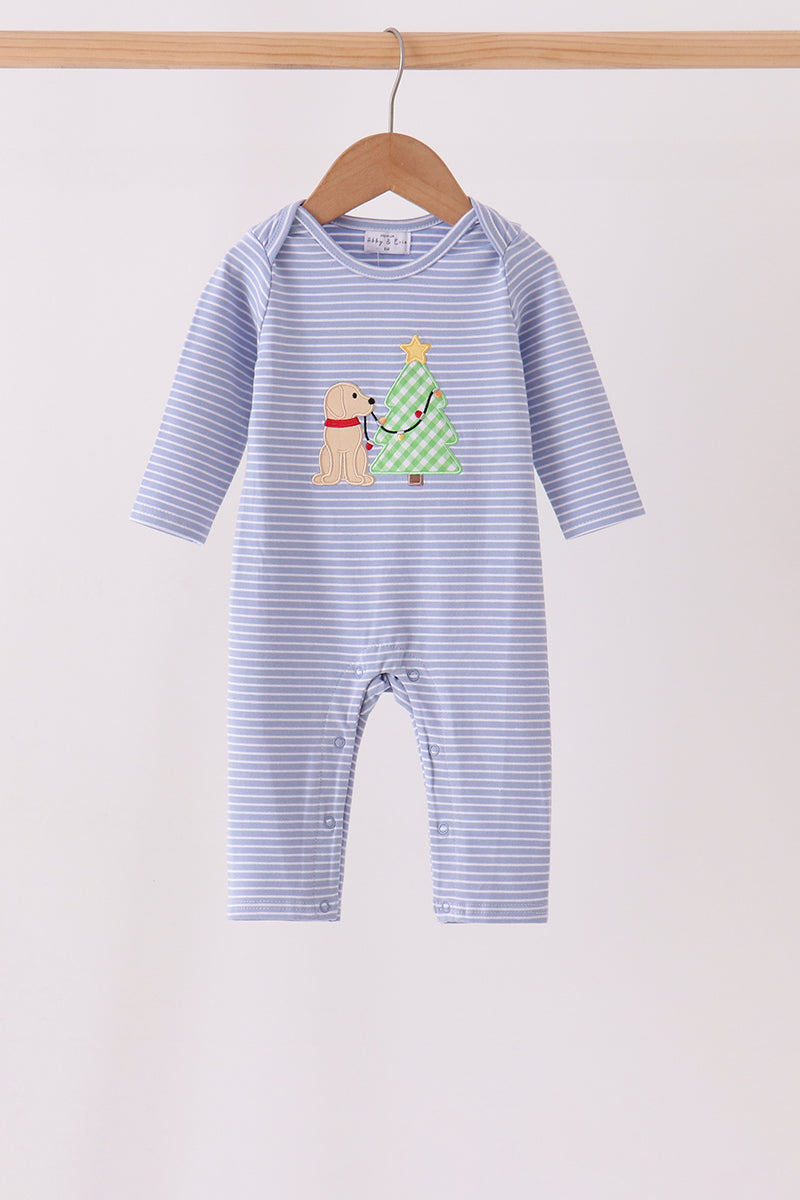Blue christmas tree puppy embroidery stripe romper - ARIA KIDS