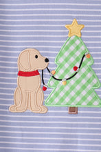 Blue christmas tree puppy embroidery stripe romper - ARIA KIDS