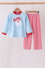 Blue santa claus embroidery gingham pants set