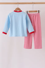 Blue santa claus embroidery gingham pants set