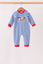 Blue stripe train gingerbread embroidery romper