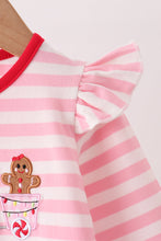 Pink gingerbread embroidery stripe ruffle romper