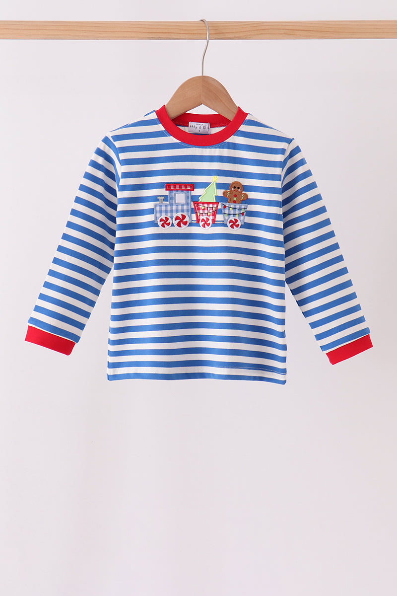Blue stripe gingerbread embroidery top - ARIA KIDS