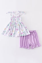 Purple floral print smocked strap girl set - ARIA KIDS