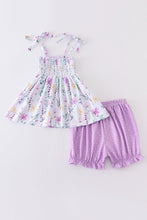 Purple floral print smocked strap girl set - ARIA KIDS