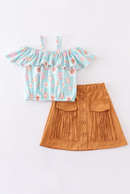 Blue smiling face floral print suede skirt set - ARIA KIDS