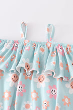 Blue smiling face floral print suede skirt set - ARIA KIDS