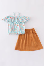 Blue smiling face floral print suede skirt set - ARIA KIDS