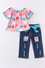 Pink apple print denim pant set - ARIA KIDS