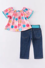 Pink apple print denim pant set - ARIA KIDS