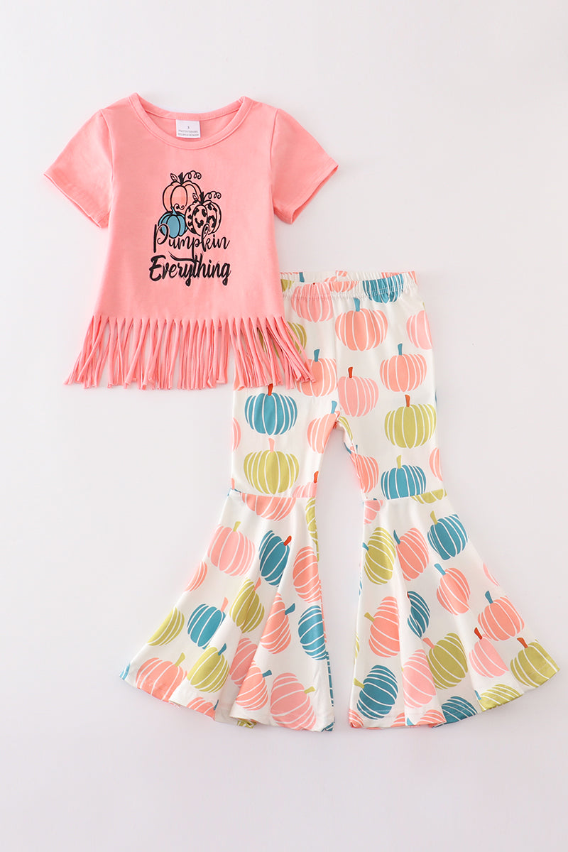 Coral pumpkin print tassel bell pants set - ARIA KIDS