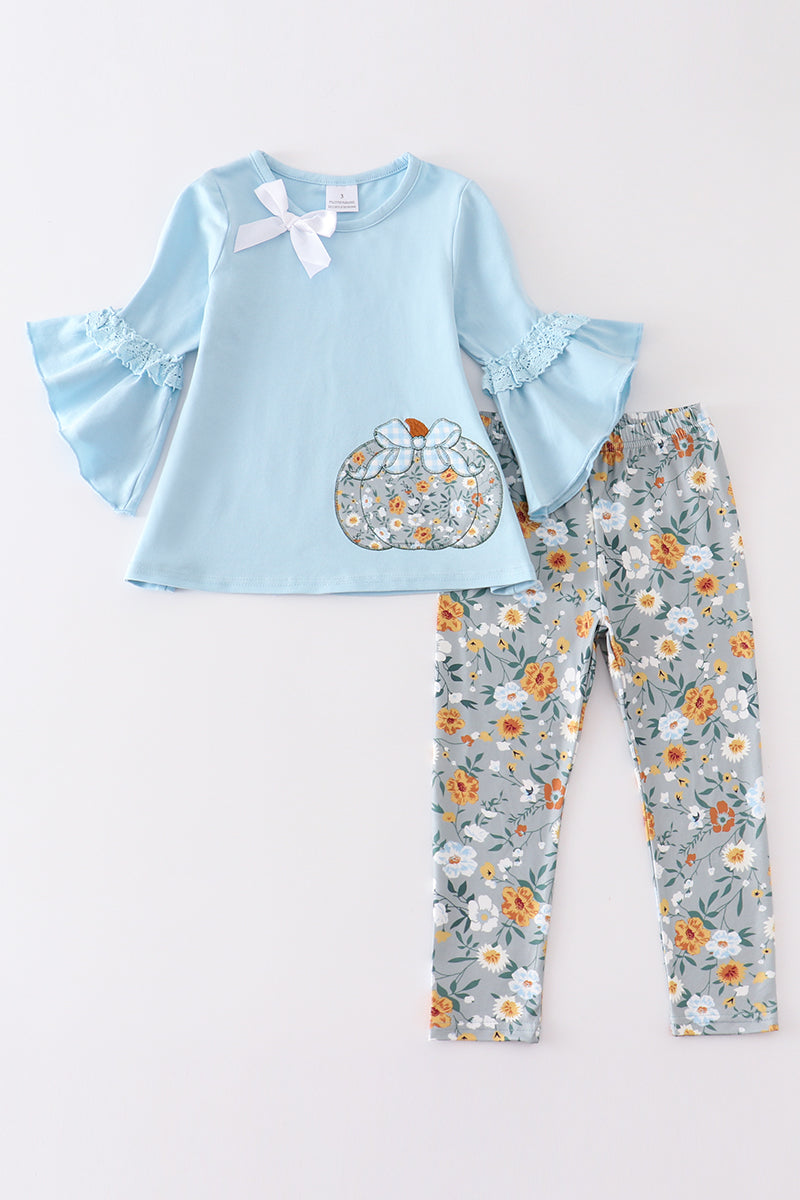 Blue floral pumpkin applique ruffle girl set - ARIA KIDS