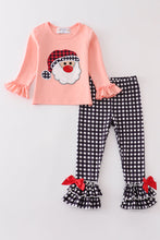 Pink santa claus applique plaid girl set