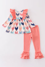 Coral chicken print ruffle girl set